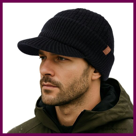 Merino Wool Winter Hat Fleece Lined Beanie with Brim Unisex Classic main image 8